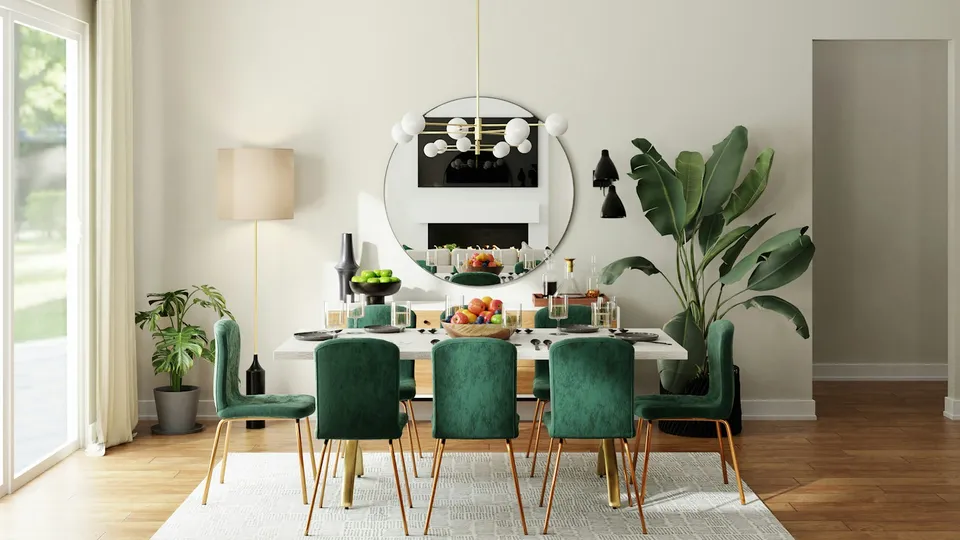 Mesa de comedor clara con una composición de platos y frutas.